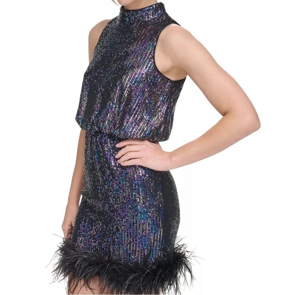 NWT Eliza J Sequin mini Dress with Feather Trim, 12